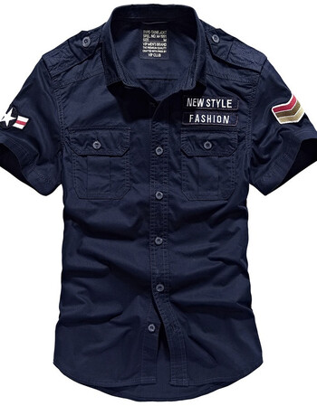 夏季短袖衬衫男韩版修身寸衫大码宽松工装纯棉休闲军装衬衣服 宝蓝色