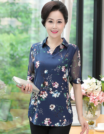 中年妈妈装真丝衬衫女2018夏季新款宽松大码中老年桑蚕丝短袖上衣