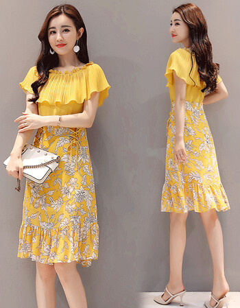 维纳雪纺连衣裙女装2018夏季新款时尚碎花显瘦中长款夏装一字肩裙子潮