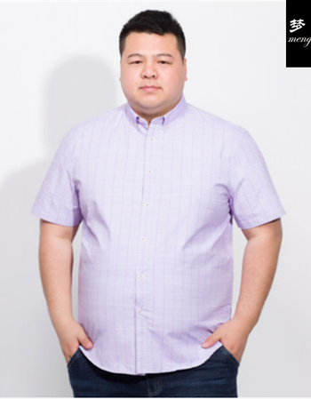 夏季肥佬特大码短袖衬衫加肥加大肥胖男方领格子半袖棉衬衣 紫色 205