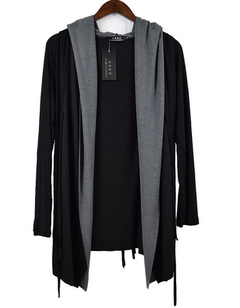 男装日系韩版t恤外套另类个性长袖披肩镂空长款t恤开衫潮 黑色5005 xl