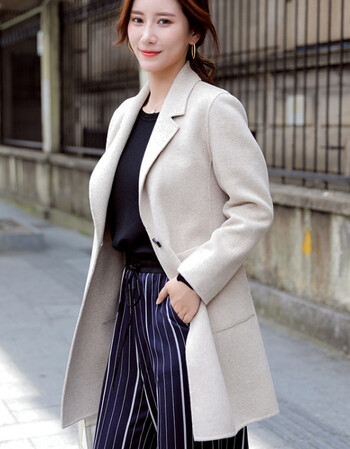 手工女式呢外套简约中短双面毛呢外套直筒加厚保暖双面羊绒大衣 米色