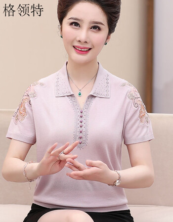 中老年人女装夏季冰丝短袖 母节妈妈装夏装t恤奶奶装翻领polo衫 浅紫