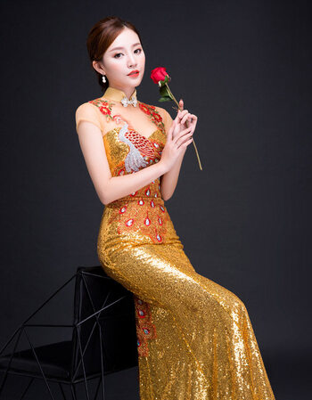 夏季女主持人宴会晚礼服端庄大气新娘敬酒服鱼尾拖尾旗袍 金色齐地款