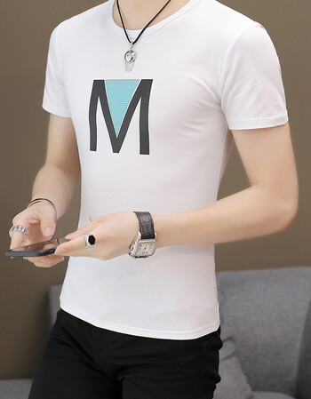 2018新款经典m字母短袖男t恤圆领韩版半袖男士修身潮流上衣服夏季时尚