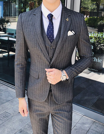 新款英伦绅士男士西服三件套结婚新郎礼服西装套装灰 灰色 xl