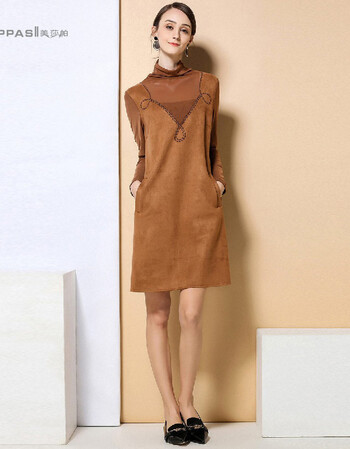 美莎帕mesappas 时尚高领网纱拼接钉珠连衣裙 浅棕色 s