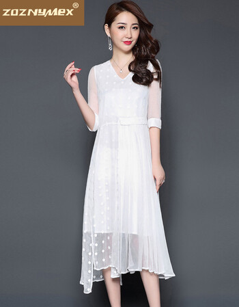 佐仕尼品牌 真丝连衣裙女夏装2018新款韩版时尚v领宽松裙子 白色 s