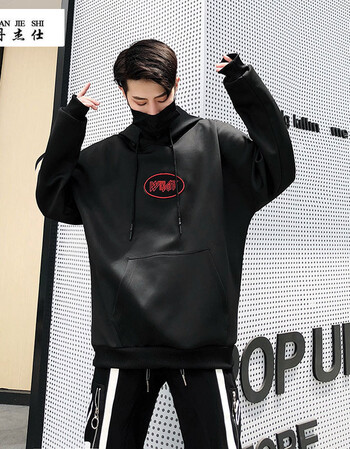 国潮2018秋装卫衣港风印花潮流外套男日系连帽时尚帅气酷男上衣 黑色