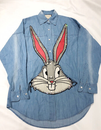 代购gucci/古奇女装衬衫18新款刺绣兔八哥系列水钻宽松牛仔外套 牛仔