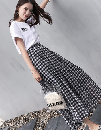 下半身长裙女夏温柔风复古小清新雪纺裙子黑白格子半身长裙j 格子裙 l