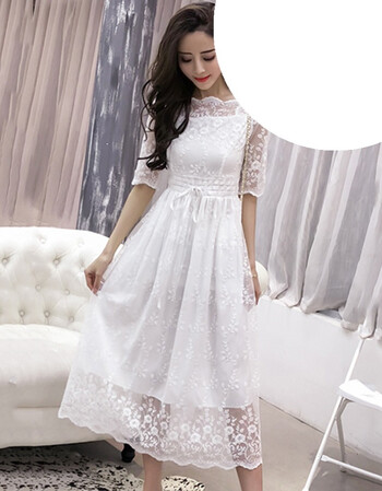 裙子女夏蕾丝网纱五分袖仙气连衣裙长款过膝系带白纱裙潮n1 白色 s