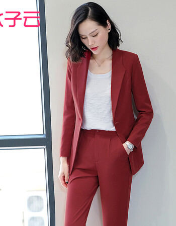 时尚气质正装修身名媛西装两件套工作服 枣红色长袖外套 枣红色裤子