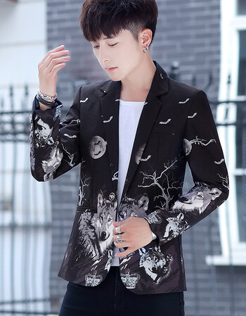 鱼印花小西装韩版修身时尚单西装休闲西服发型师帅气外套 906狼头黑