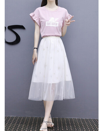 女夏2018新款中长款时尚网纱半身裙两件套小清新套装裙子 粉t恤 白裙