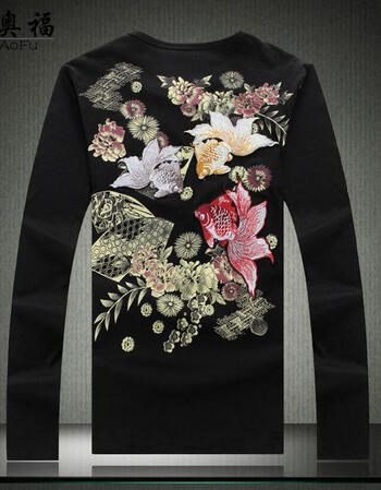 男士t恤男长袖t恤男装潮流衣服男时尚服装男秋衣刺绣鲤鱼3dt恤男士