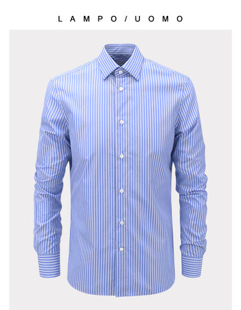 蓝豹18夏季新款男士商务蓝白全棉蓝色条纹超修身正装长袖衬衫 蓝白 