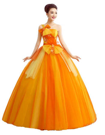 独唱礼服艺考新款单肩主持人演出服蓬蓬裙长款彩色婚纱彩纱礼服女 桔