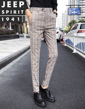 吉普jeep休闲裤男2018年秋冬新款英伦修身格子西裤长裤男裤 咖啡格 29