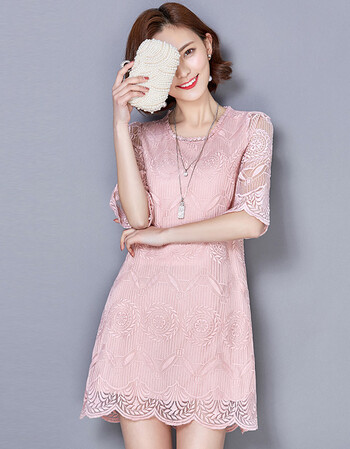 雪夕春夏新款女装2016时尚粉色连衣裙白色缕空蕾丝连衣裙七分袖裙子夏