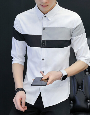 夏季短袖商务五分衬衣男士韩版修身中袖青年七分袖潮流拼接衬衫男