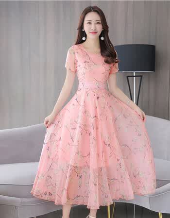 2018雪纺连衣裙女夏季新款气质中长款温柔裙超仙显瘦收腰长裙裙子