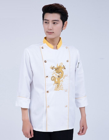 厨师服长袖秋冬装绣龙厨师长工作服酒店饭店厨师服装厨师 白色 2xl