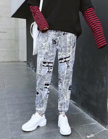 国潮ins超火的裤子男女情侣报纸裤街头嘻哈束脚街头宽松休闲长裤 报纸