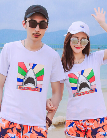 情侣t恤新款夏季男女印花短袖沙滩装海边蜜月度假宽松半袖上衣潮 鲨鱼