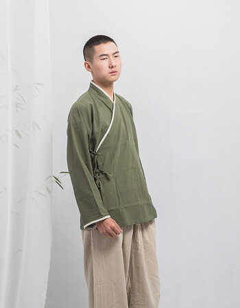 nuthink汉服男士春秋长袖短打 汉民族传统服饰 纯棉中式长袖 军绿色