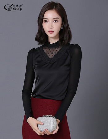 卡佛妮2015秋冬新款大码修身百搭长袖网纱蕾丝打底衫女职业ol 黑色