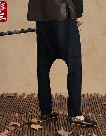 唯三公子丹阳子中国风羊毛呢吊裆裤男长款唐装低裆垮裤休闲裤秋冬 深