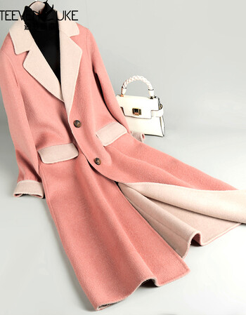 毛呢大衣女过膝长2018新款毛呢外套韩版羊毛双面呢外套冬时尚 桃粉色