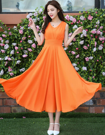 2018夏新款波西米亚v领雪纺无袖连衣裙沙滩高腰收腰显瘦大摆长裙 橙色