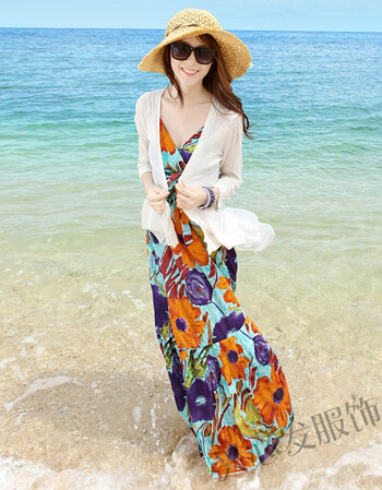 海滩裙沙滩裙女夏2018大码连衣裙海边度假泰国吊带裙 繁花 蓝 均码