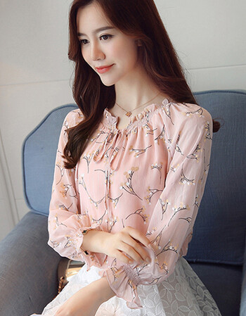 装女装2018新款潮长袖秋季碎花雪纺衬衫秋天上衣服百搭打底衫 粉红色