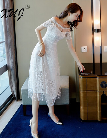 xuj 品牌女装长裙女夏2018新款白色一字肩连衣裙温柔仙女裙收腰波点