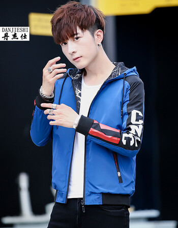 男装秋季卫衣中学生外套男士双面穿韩版夹克男生衣服连帽潮 蓝色 xl