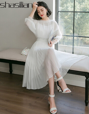 shasilian白色雪纺连衣裙女夏季2018新款中长款温柔仙女气质长裙小