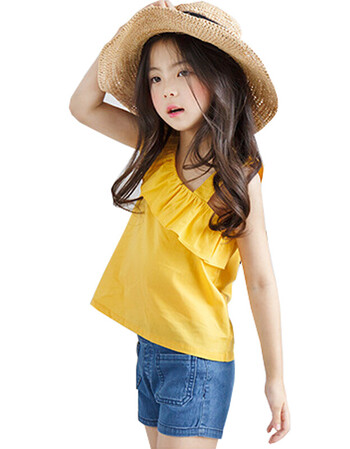 女童吊带上衣夏2018新款中大童韩版侧漏肩花边背心儿童斜肩t恤衫 背心