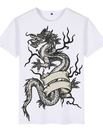 中国风龙图案水墨民族风复古国潮牌印花男装短袖t恤港风社会衣服 白色