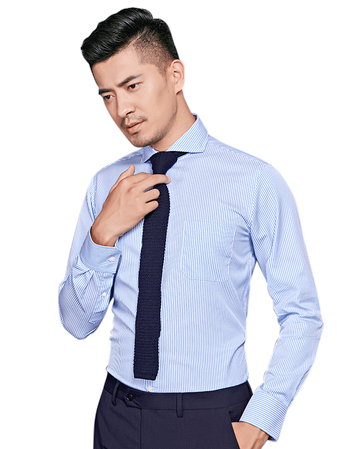 条纹衬衫男士免烫韩版小领商务青年正装纯棉修身衬衣 浅蓝意式一字领