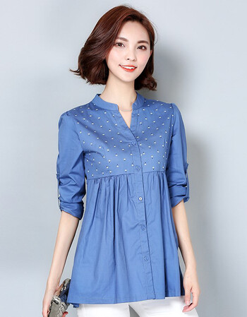 韩范棉麻长袖衬衫宽松2016秋季中长款文艺女装大码印花打底衫 天蓝色