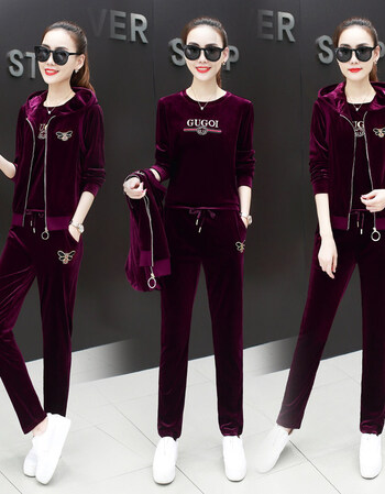 金丝绒运动服套装女春秋韩版时尚显瘦卫衣三件套休闲套装女装秋装