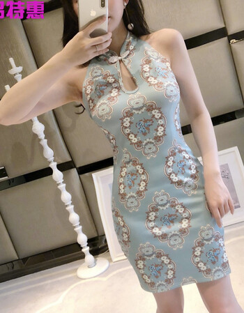 2018夏装性感图腾印花镂空开叉改良主播复古小女人旗袍连衣裙夏装