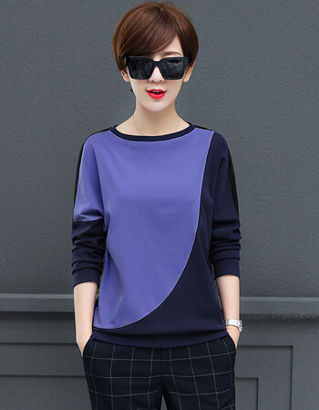 长袖t恤女宽松2018秋装新款圆领撞色体恤棉女士打底蝙蝠衫上衣 深蓝色