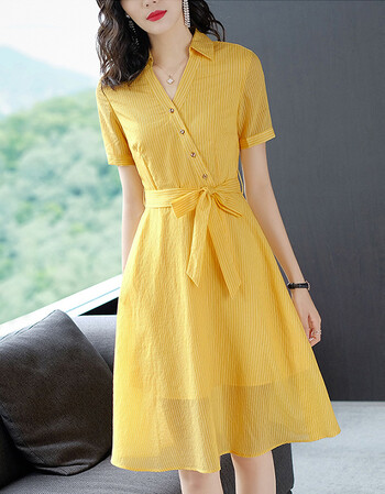 连衣裙女夏2018新款时尚气质ol中长款系带修身显瘦v领短袖a字裙子