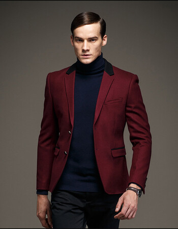 修身小西装男休闲男士西服毛呢西服男羊毛外套小西装英伦青年 酒红色