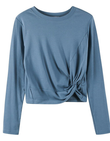 早秋宽松显瘦chic港味百搭纯色打结长袖t恤韩版短款慵懒风上衣 雾蓝色