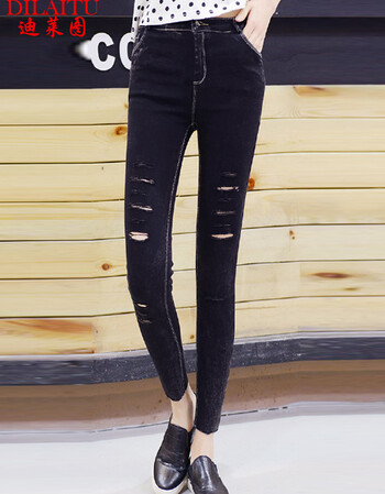 迪莱图2016夏季韩版新款女装外穿弹力破洞仿牛仔铅笔裤休闲打底九分